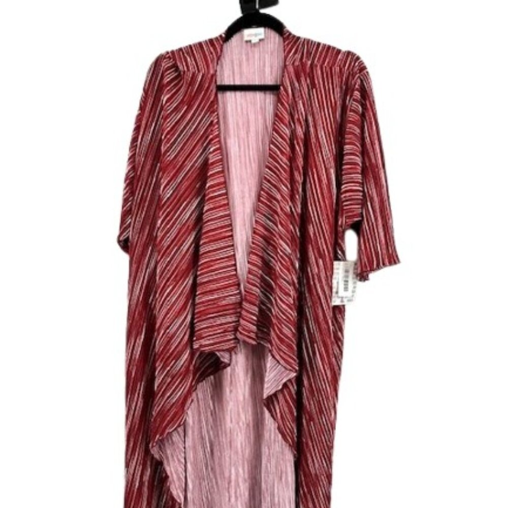 LuLaRoe Shirley Long Open Kimono Flowy Angel Sleeve Size Large Red Pink Stripe